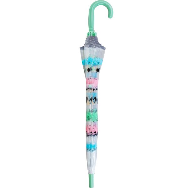 Colourful dinosaur-themed children's umbrella with pastel dome design.