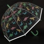 Kids umbrella featuring colourful dinosaur and pterosaur illustrations on a transparent canopy.