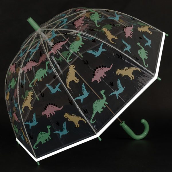 Kids umbrella featuring colourful dinosaur and pterosaur illustrations on a transparent canopy.