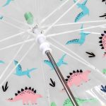 Kids umbrella with dinosaur pastel design and transparent dome cover.