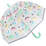 Kids umbrella with pastel dinosaur pattern, dome shape, and curved handle.