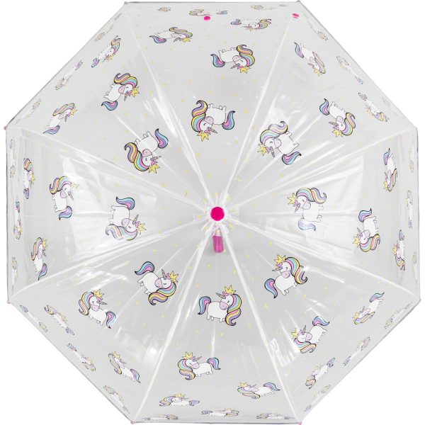 Children's unicorn clear dome umbrella with colourful unicorn print.