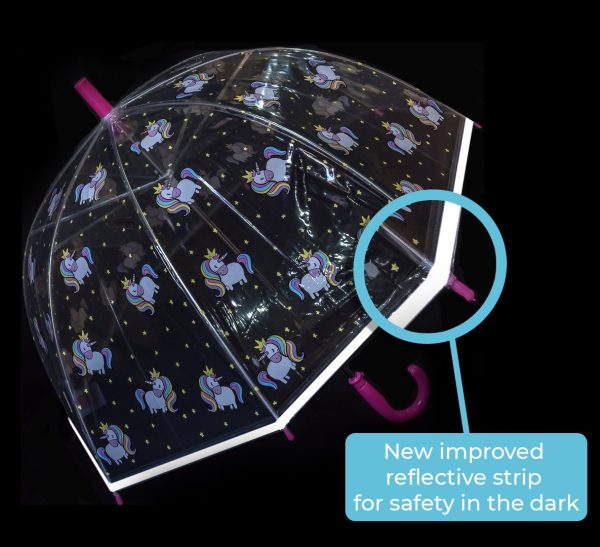 Transparent umbrella with unicorn and star pattern, reflective safety strip.