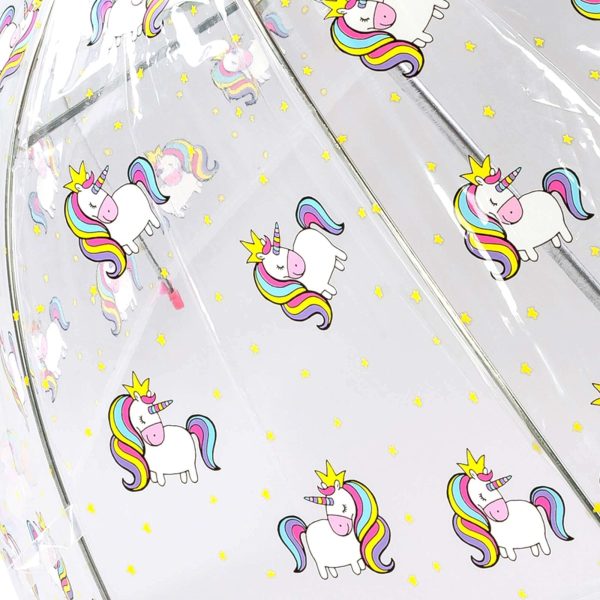 Clear umbrella with colourful unicorn and star pattern for children.