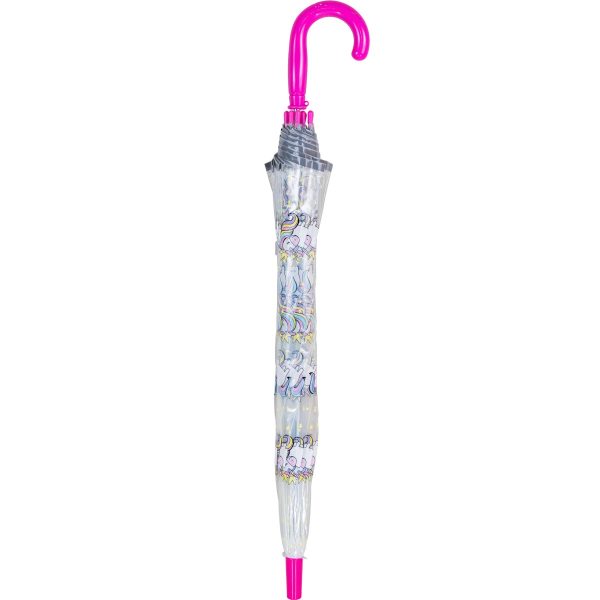Clear dome umbrella with unicorn design and pink handle for kids.