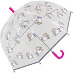Transparent umbrella with colourful unicorn print and pink handle for kids.