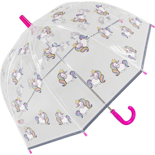 Transparent umbrella with colourful unicorn print and pink handle for kids.