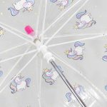 Clear umbrella with unicorn and star pattern for children.