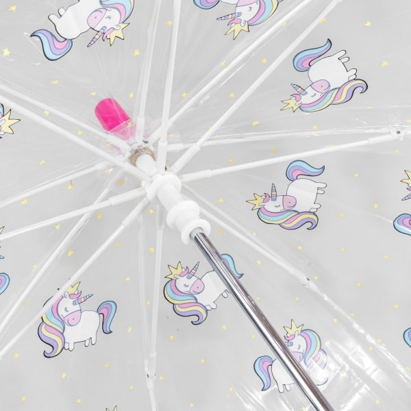 Clear umbrella with unicorn and star pattern for children.