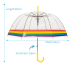 Transparent children's umbrella with rainbow stripes and yellow handle.