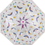 Children's unicorn umbrella with rainbow, clouds, and stars design.