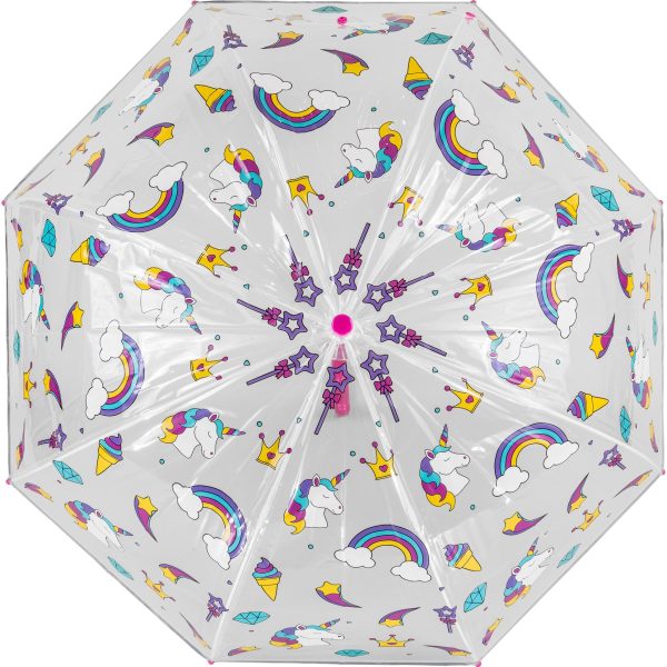 Children's unicorn umbrella with rainbow, clouds, and stars design.