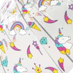 Colourful unicorn and rainbow pattern on children's clear dome umbrella.