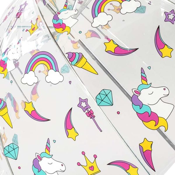 Colourful unicorn and rainbow pattern on children's clear dome umbrella.