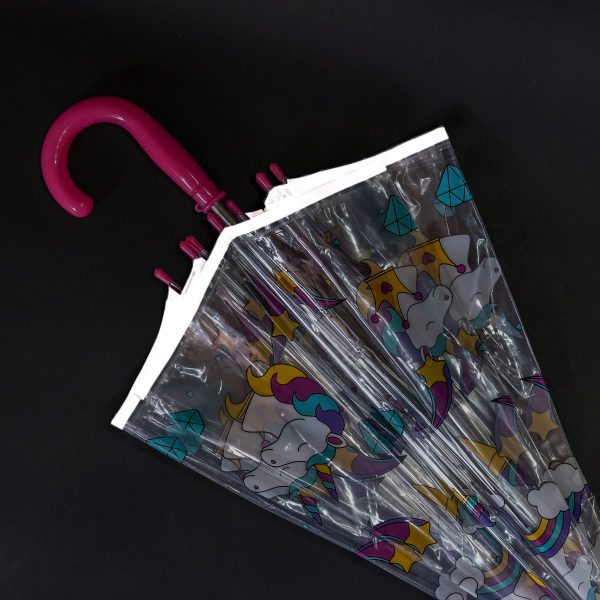 Kids unicorn umbrella with clear dome and colourful unicorn design.