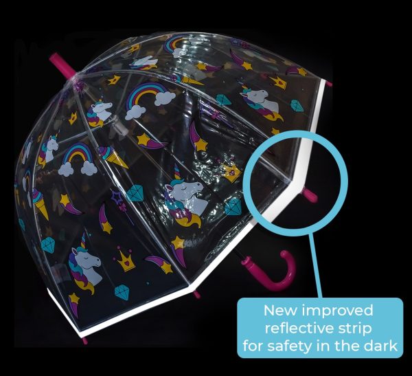 Transparent umbrella with unicorn, rainbow, and star design for children.