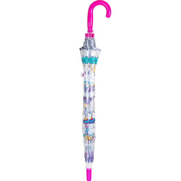 Colourful unicorn-themed children's umbrella with clear dome and pink handle.