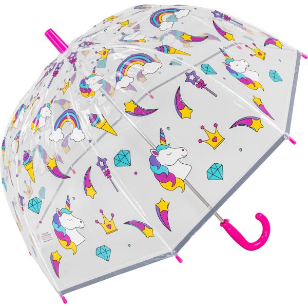 Children's unicorn umbrella with rainbow, stars, and diamonds design.