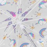 Colourful unicorn and rainbow design on children's clear dome umbrella.