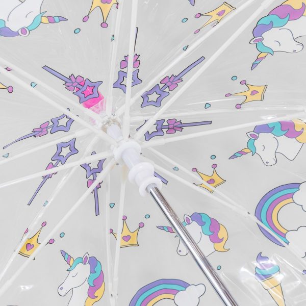 Colourful unicorn and rainbow design on children's clear dome umbrella.