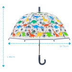 Children's dinosaur-themed clear dome umbrella with colourful dinosaurs.