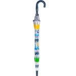 Colourful children's dinosaur-themed clear dome umbrella with curved handle.