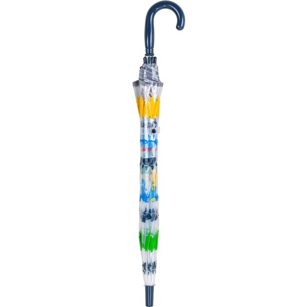 Colourful children's dinosaur-themed clear dome umbrella with curved handle.
