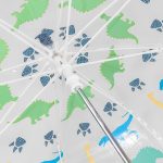 Clear children's umbrella with dinosaur and dinosaur footprints design.