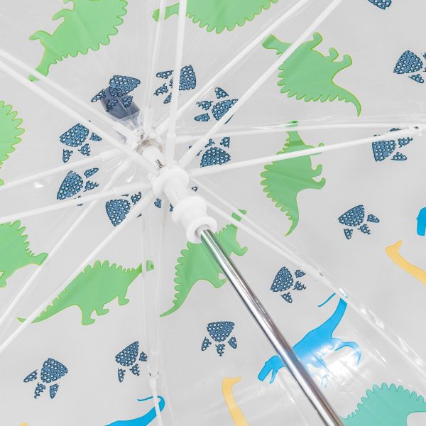 Clear children's umbrella with dinosaur and dinosaur footprints design.