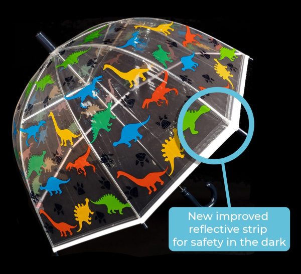 Transparent umbrella with colourful dinosaur patterns and reflective strip for safety.