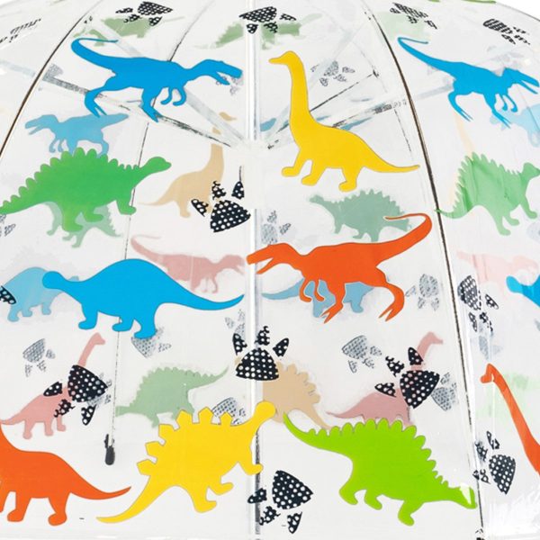 Children's umbrella featuring colourful dinosaur and dinosaur footprint patterns.