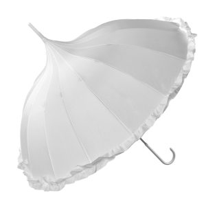 Oriental White Ornate Pagoda Occasion Umbrella With Frilled Border (17003/WHI)