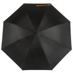 Black umbrella with double canopy design for enhanced rain protection.