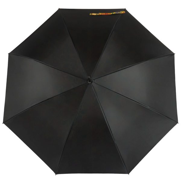 Black umbrella with double canopy design for enhanced rain protection.
