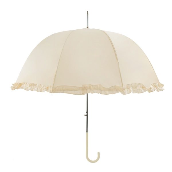 Elegant ivory wedding umbrella with ruffled edge for special occasions.