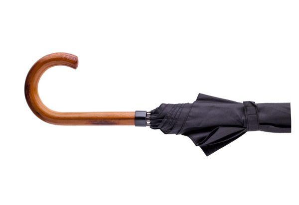 Black compact umbrella with wooden curved handle on white background.