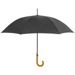 Black walking umbrella with wooden handle for city commuting.