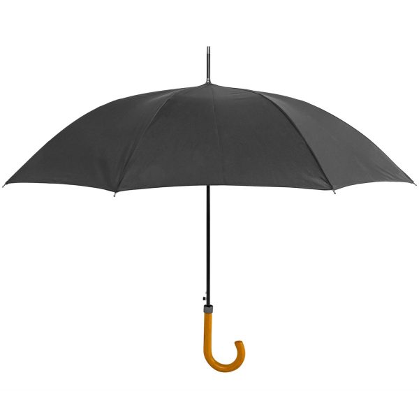 Black walking umbrella with wooden handle for city commuting.