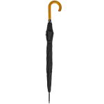 Black walking umbrella with wooden curved handle on white background.