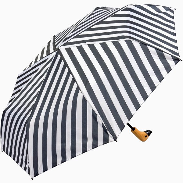 Black and white striped umbrella with duck head handle for stylish protection.