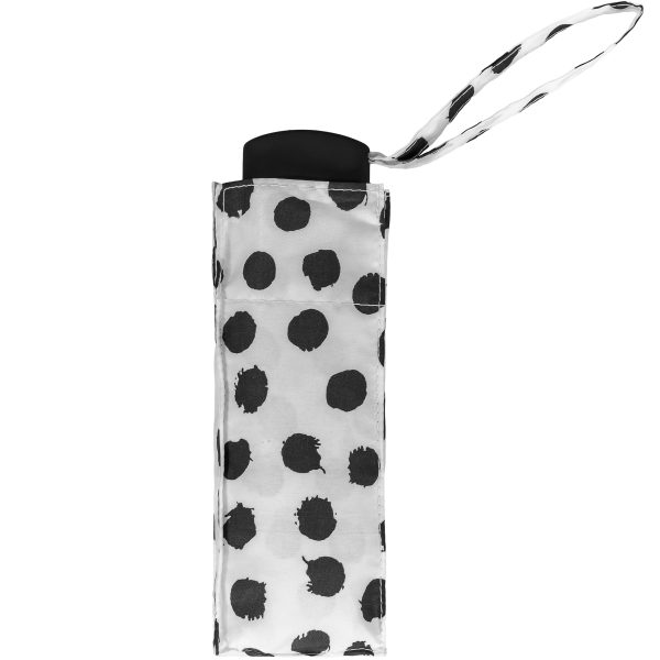 Black polka dot print supermini umbrella with wrist strap.